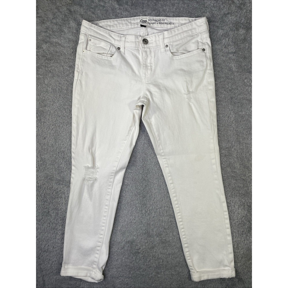 Gap Women's Sz 8/29R Boyfriend Fit Coupe Optic White Distressed Jeans 32x25